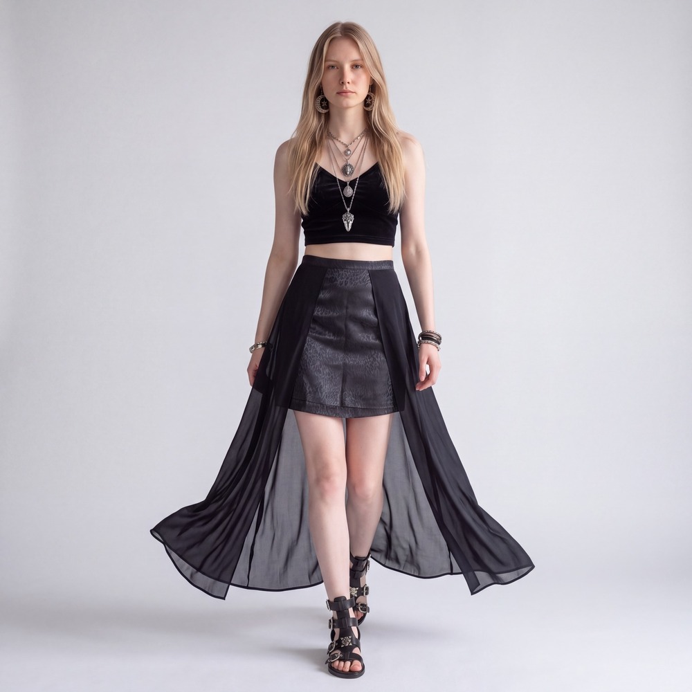 Forever 21 Black Sheer Jacquard mini Skirt sheer maxi overlay L Whimsigoth goth
